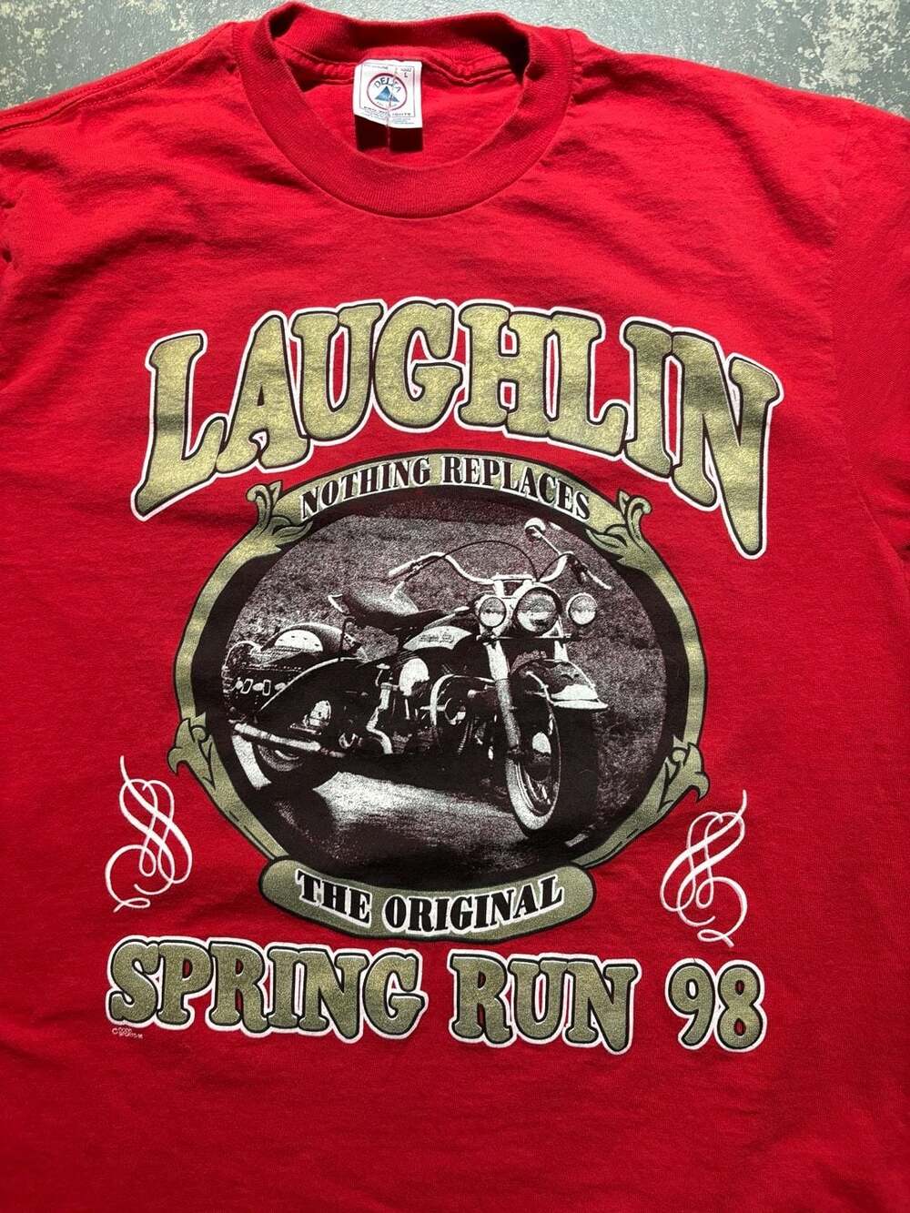 Delta Laughlin Spring Run 98 T-Shirt Size L Red Motorcycle Rally - Picture 2 of 4